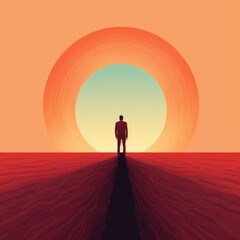 A person looking off into the horizon unable to see the future. Psychology art concept. AI generation