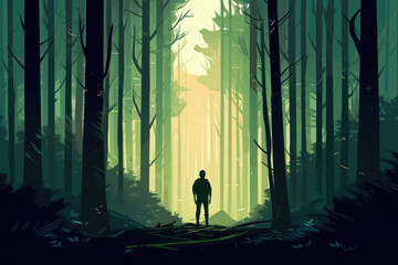A person walking through a dense forest realizing how their perspectives and values can differ from those around Psychology art concept. AI generation