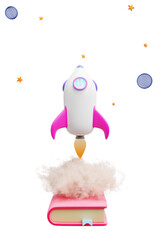 Back to school. Rocket launch from the book. 3d rendering