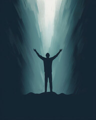 A person standing in a dark room with their arms outstretched representing the difficulty of reaching out for Psychology art concept. AI generation