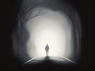 A person walking aimlessly in a fog unable to see the light at the end of the tunnel. Psychology art concept. AI generation