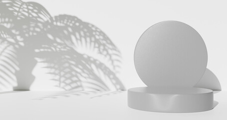 Summer product podium pedestal, blurry shadows of palm leaves silhouettes. 3d rendering