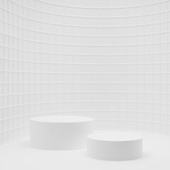 Abstract white stage mockup as curved alcove, two cylinder podiums, tiny mosaic tile in mediterranean style, template for presentation cosmetic products, spa, goods, advertising, showing, design.