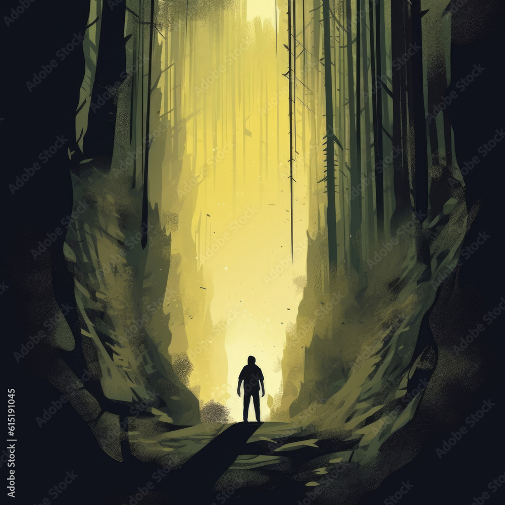 Poster a person walking through a dark forest with a deep chasm separating them from the light of day symbo