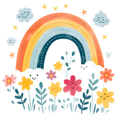 Fototapeta na wymiar Cute boho floral watercolor rainbow clipart with transparent background, created with generative AI technology