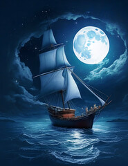 Old Ship in Sea Full Moon Illustration. generative AI Illustration.