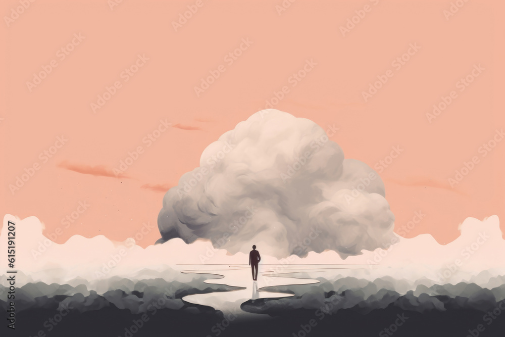 Poster a person walking down a path with a storm cloud looming above them representing feelings of fear and