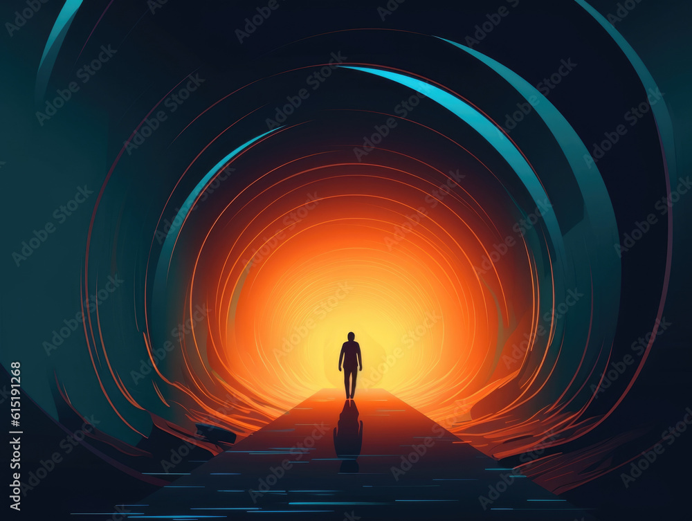 Poster a person walking through a dark tunnel with light gradually appearing as they progress to represent 