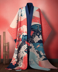 Stylish kimono fabric prints. Minimalist mockup for podium display or showcase. AI generation
