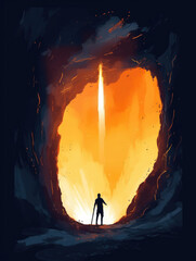A person steps into a dark cave carrying a torch to light the way ilrating courage in the face of the unknown. Psychology art concept. AI generation
