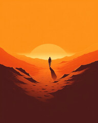 A person walking through a desert conveying feelings of loneliness and aimlessness. Psychology art concept. AI generation