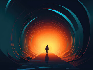 A person walking through a dark tunnel with light gradually appearing as they progress to represent progress Psychology art concept. AI generation