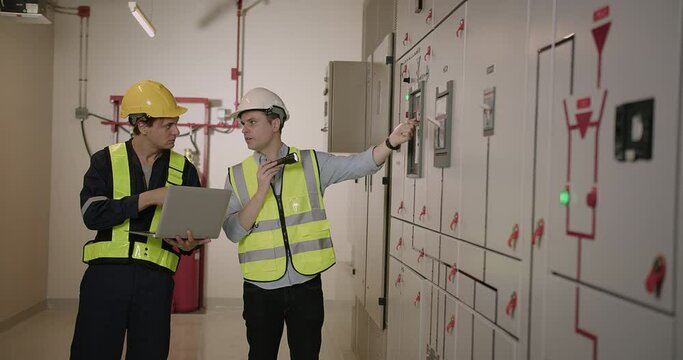Two electricians electrical engineers in protective uniform checking voltage control panel screen system at electrical cabinet for generate electricity of factory in manufacture industrial