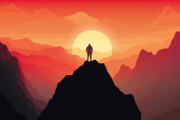 A person stands atop a mountain looking out over the vast landscape conveying courage to take on a challenge. Psychology art concept. AI generation