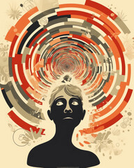 An ilration of a person surrounded by a swirl of thoughts and feelings showing the confusion and disorientation Psychology art concept. AI generation