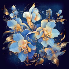 Blue and Gold Orchid on blue background