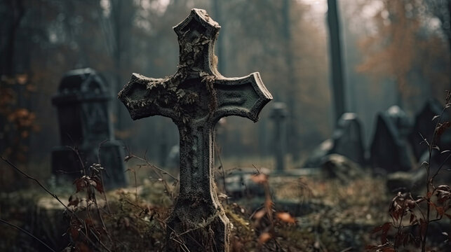 an old cross in a cemetery. halloween scary horror concept. Generative AI
