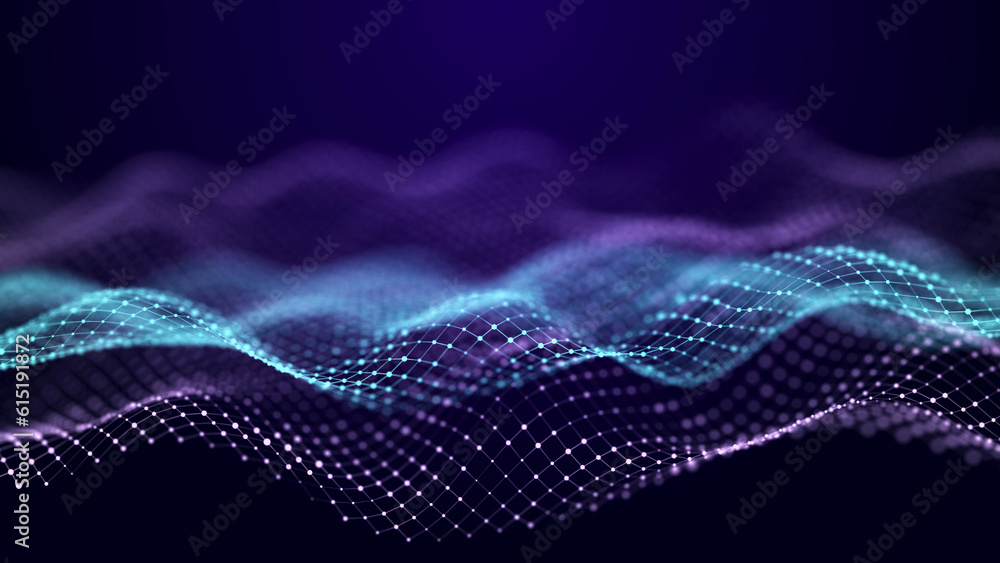 Poster abstract digital data background. wave with moving dots. musical stream of sounds. 3d rendering.