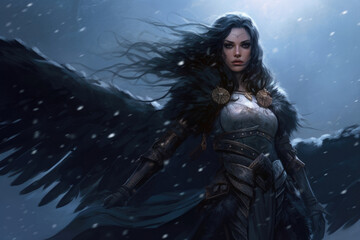 A noble valkyrie stands proud her long raven hair billowing in the cold night air Fantasy art concept. AI generation
