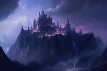 A castle atop a rugged mountain peak with a faint purple light emanating from deep Fantasy art concept. AI generation