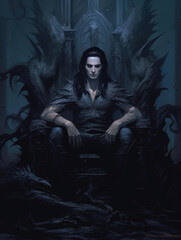 An ancient vampire sits in a throne of thorns its long black hair cascading down its Fantasy art concept. AI generation - obrazy, fototapety, plakaty