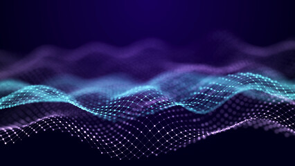 Abstract digital data background. Wave with moving dots. Musical stream of sounds. 3D rendering.