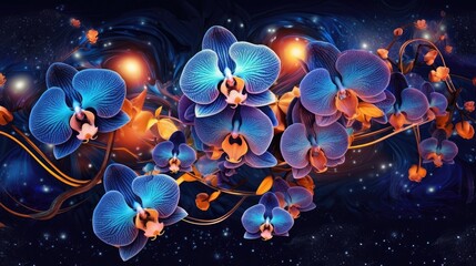 Blue orchids in a purple background with stars