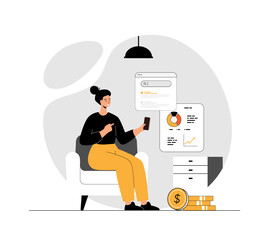 SEO marketing budget. Calculation of costs for website promotion. Company development, income and expense assessment, budgeting. Illustration with people scene in flat design for website and mobile