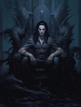 An ancient vampire sits in a throne of thorns its long black hair cascading down its Fantasy art concept. AI generation