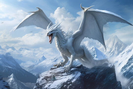 Fototapeta A majestic white dragon perched atop a snowcapped mountain looming over the valley Fantasy art concept. AI generation