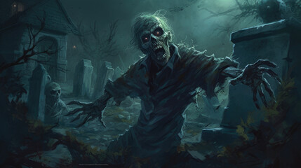 The zombie stumbles along in a graveyard its undead arm outstretched searching for Fantasy art concept. AI generation
