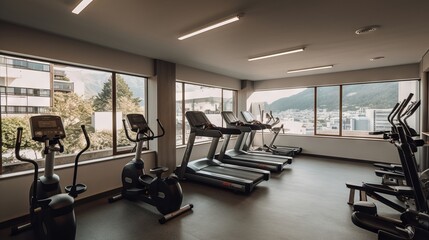 Fototapeta na wymiar Interior of a premium Gym with multiple empty tredmills 