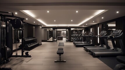 Interior of a premium Gym with multiple Treadmills empty