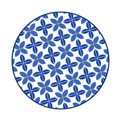 Porcelain plate with traditional blue on white design in Asian style. design pattern for background, plate, dish, bowl, lid, tray, salver, vector illustration art embroidery. leaves and flower plate.