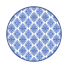 Porcelain plate with traditional blue on white design in Asian style. design pattern for background, plate, dish, bowl, lid, tray, salver, vector illustration art embroidery. culture symbol plate.