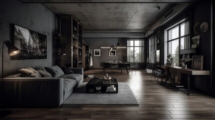 Modern Living room, natural lighting with dark grey theme wall and sofa, generative ai
