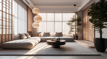 Modern living room with natural lighting. Home interior with feng shui and no people perfect for sets and backgrounds, soft lights, generative ai