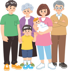 6人家族が集まって笑っている