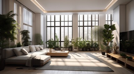Modern living room with natural lighting. Home interior with feng shui and no people perfect for sets and backgrounds, soft lights, generative ai