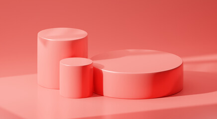 Pink product background stand or podium pedestal on advertising display with blank backdrops. 3D rendering.
