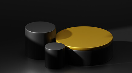 Black podium or pedestal display on dark background with cylinder stand and Gold ring concept. Blank product shelf standing backdrop. 3D rendering.