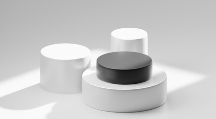 Black and white product background stand or podium pedestal on advertising display with blank backdrops. 3D rendering.