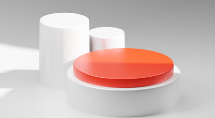 white and red 3d stage banner on modern podium empty background mockup with abstract light dark product space display stand or luxury presentation pedestal scene studio and advertising backdrop