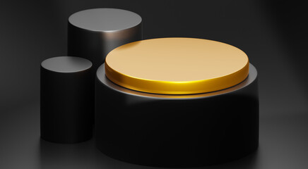 black and gold 3d stage banner on modern podium empty background mockup with abstract light dark product space display stand or luxury presentation pedestal scene studio and advertising backdrop
