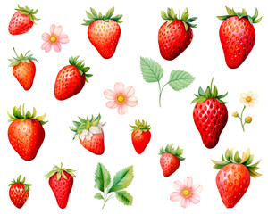 Set of strawberries watercolor isolated on white background. PNG transparent background. AI Generative.