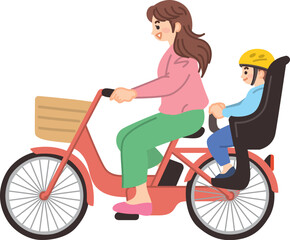 Fototapeta na wymiar 幼い男の子を乗せて自転車を漕ぐ母親