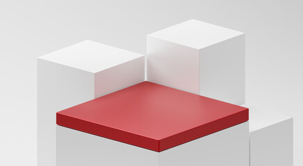 White simple cube with red top empty product stage 3d background of blank space scene template platform display or modern wall interior backdrop podium and geometric studio show room on presentation 