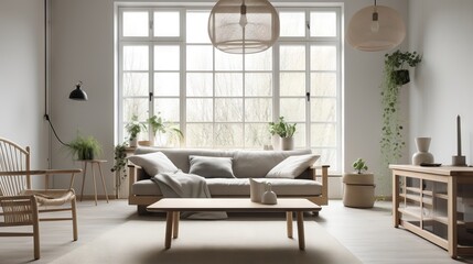 Modern living room with natural lighting. Home interior with feng shui and no people perfect for sets and backgrounds, soft lights, generative ai