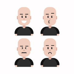 Bald man avatar. Collection of expressions, happy, sad, upset and kissing.