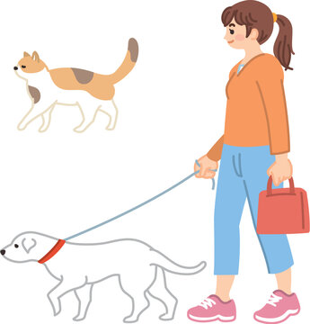 犬と散歩する若い女性　野良猫